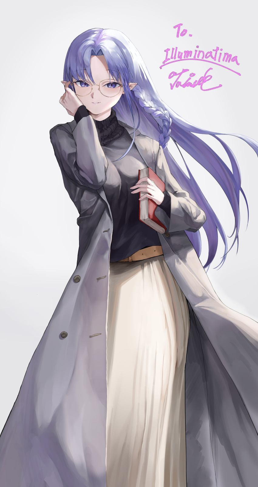 1girl absurdres alternate_costume bespectacled black_sweater blue_hair book braid coat commission fate/grand_order fate/stay_night fate_(series) glasses grey_coat hand_on_own_cheek hand_on_own_face highres holding holding_book light_purple_hair light_smile long_coat long_hair long_skirt looking_at_viewer medea_(fate) pointy_ears side_braid skirt solo sweater taino_kou turtleneck turtleneck_sweater violet_eyes white_skirt