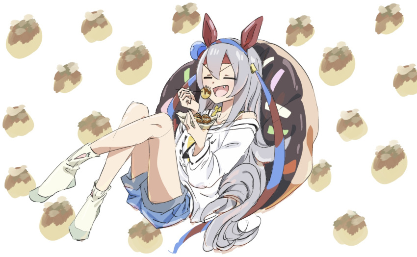 1girl =_= animal_ears bangs bean_bag_chair blue_shorts eating fang food full_body grey_hair hairband headband highres horse_ears horse_girl horse_tail knees_up long_hair off_shoulder open_mouth reclining shima_aji shirt shorts socks solo tail takoyaki tamamo_cross_(umamusume) toothpick umamusume v-shaped_eyebrows white_footwear white_shirt