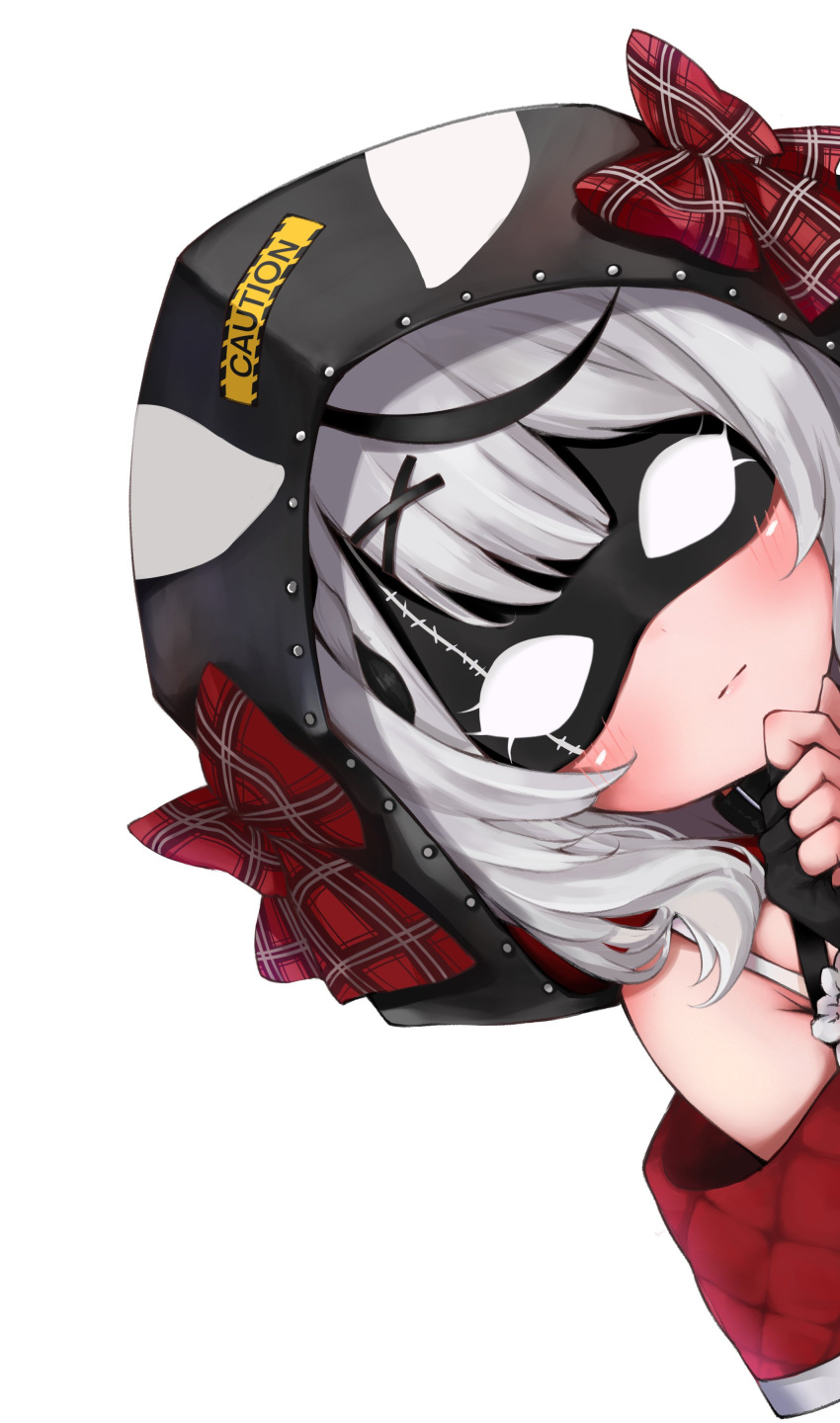 1girl absurdres bangs black_gloves black_hair blush bow closed_mouth commentary_request eye_mask facing_viewer fingerless_gloves gloves hair_ornament highres hololive hood hood_up kohe_billialot medium_hair multicolored_hair off_shoulder peeking_out plaid plaid_bow portrait red_bow sakamata_chloe silver_hair simple_background solo streaked_hair virtual_youtuber white_background x_hair_ornament