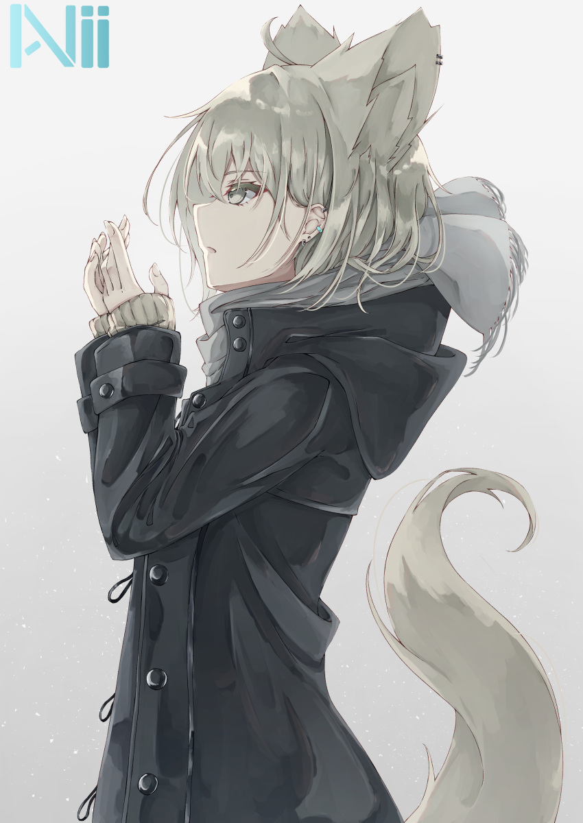 1girl absurdres ahoge animal_ear_fluff animal_ears bangs black_coat coat cold earrings extra_ears eyebrows_visible_through_hair grey_scarf hands_up highres hood hood_down jewelry light_brown_eyes light_brown_hair medium_hair original profile scarf signature simple_background snow solo sumishi_(sumisi_3) tail tail_raised upper_body
