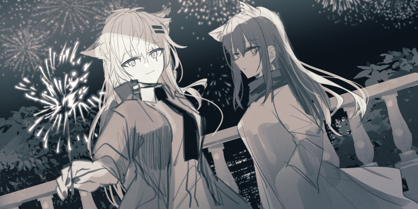 2girls absurdres aerial_fireworks animal_ear_fluff animal_ears arknights bangs chihuri closed_mouth collared_shirt dress_shirt eyebrows_visible_through_hair fireworks greyscale hair_between_eyes hair_ornament hairclip highres jacket lappland_(arknights) long_hair monochrome multiple_girls necktie night night_sky open_clothes open_jacket outdoors parted_lips railing scar scar_across_eye shirt sketch sky smile texas_(arknights) very_long_hair