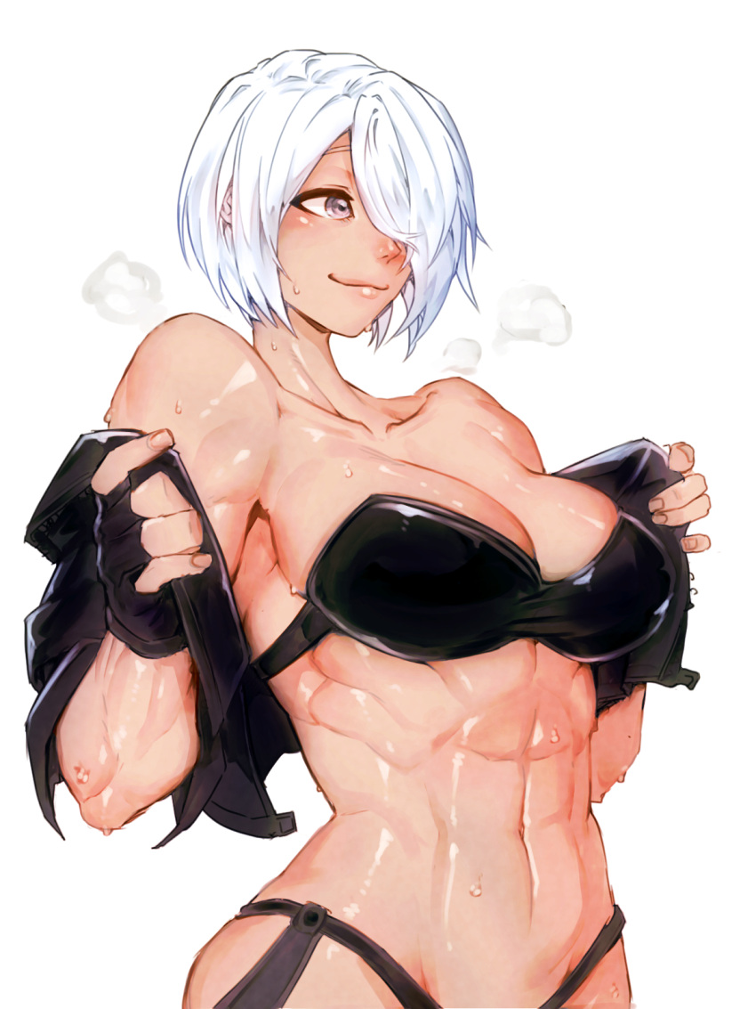 1girl abs angel_(kof) bare_shoulders bra breasts cropped_jacket fingerless_gloves gloves hair_over_one_eye highres jacket large_breasts leather leather_jacket minew muscular muscular_female open_clothes open_jacket snk solo strapless strapless_bra the_king_of_fighters the_king_of_fighters_xiv toned underwear undressing white_hair