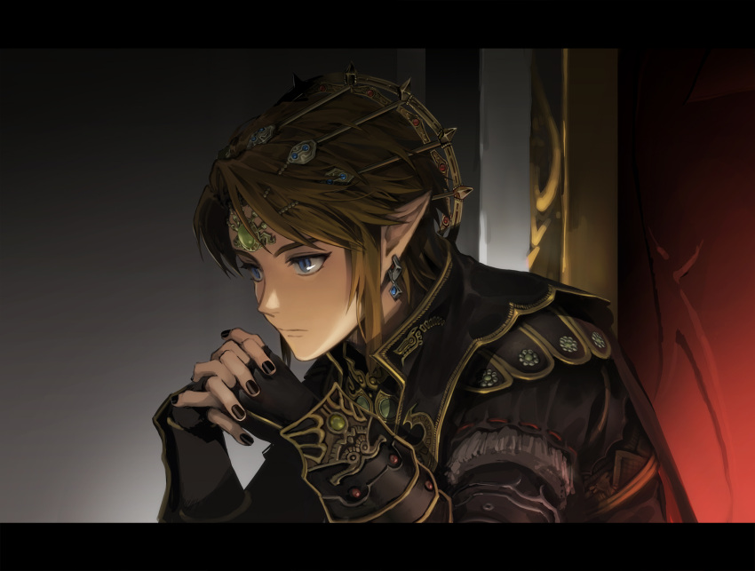 1boy alternate_costume bangs black_gloves black_nails black_robe blonde_hair blue_eyes closed_mouth clothing_request cosplay crown earrings english_commentary fingerless_gloves from_side ganondorf ganondorf_(cosplay) gloves gradient gradient_background grey_background highres jewelry letterboxed link long_sleeves male_focus nail_polish pointy_ears short_hair sitting solo sophie_(693432) the_legend_of_zelda upper_body