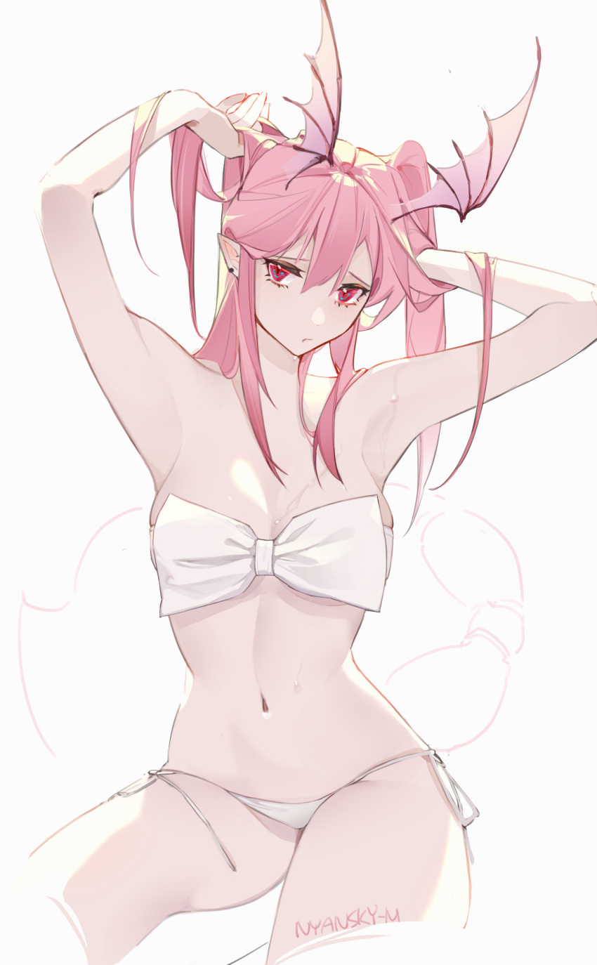 1girl absurdres arknights armpits arms_up artist_name bandeau bangs bare_arms bare_shoulders bikini commentary_request hair_between_eyes head_wings highres long_hair looking_at_viewer manticore_(arknights) navel nyansky pink_hair red_eyes side-tie_bikini signature simple_background solo stomach strapless strapless_bikini swimsuit thighs twintails white_background white_bikini