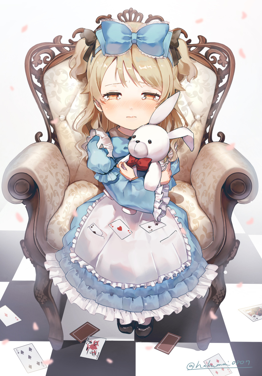 1girl absurdres blonde_hair blush bow card checkered_floor dress falling_petals frilled_dress frilled_sleeves frills hair_bow half-closed_eyes highres idolmaster idolmaster_cinderella_girls long_sleeves looking_at_viewer mary_janes morikubo_nono object_hug on_chair petals pinafore_dress playing_card puffy_long_sleeves puffy_sleeves shisui_(5830217) shoes sitting solo stuffed_animal stuffed_bunny stuffed_toy tearing_up tears twitter_username two-tone_dress two_side_up younger