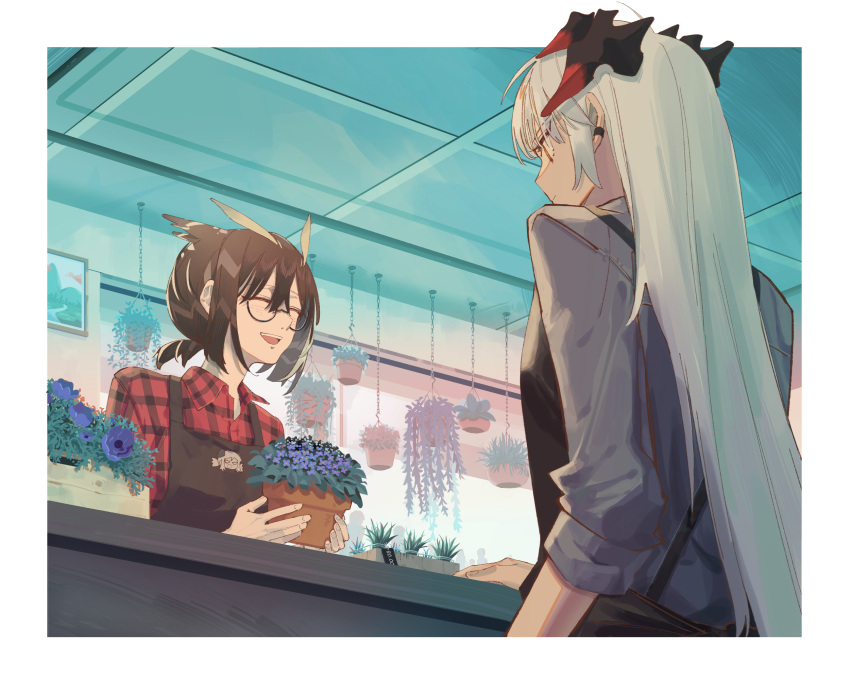 2girls apron arknights black_apron brown_apron brown_hair closed_eyes closed_mouth collared_shirt commentary dragon_horns earclip feather_hair flower flower_shop glasses grey_shirt highres horns indoors long_hair multiple_girls open_mouth orange_eyes owl_ears plaid plaid_shirt plant potted_plant purple_flower saria_(arknights) shirt shop short_hair silence_(arknights) sleeves_rolled_up smile symbol-only_commentary teeth upper_body upper_teeth white_hair zy