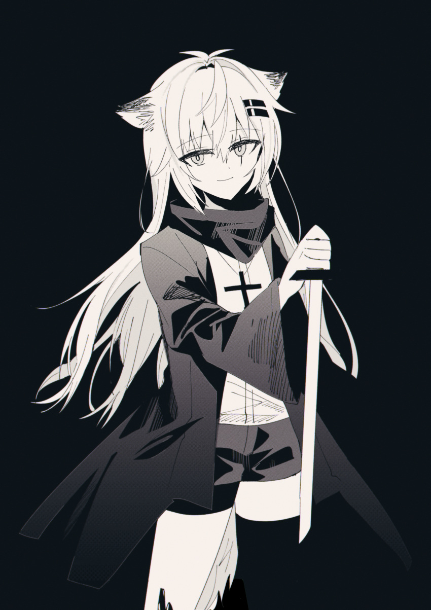 1girl absurdres animal_ear_fluff animal_ears arknights bangs black_background chihuri closed_mouth eyebrows_visible_through_hair greyscale hair_between_eyes hair_ornament hairclip highres holding holding_sword holding_weapon jacket lappland_(arknights) long_hair long_sleeves monochrome open_clothes open_jacket scar scar_across_eye shirt short_shorts shorts simple_background single_thighhigh smile solo standing sword thigh-highs very_long_hair weapon wide_sleeves