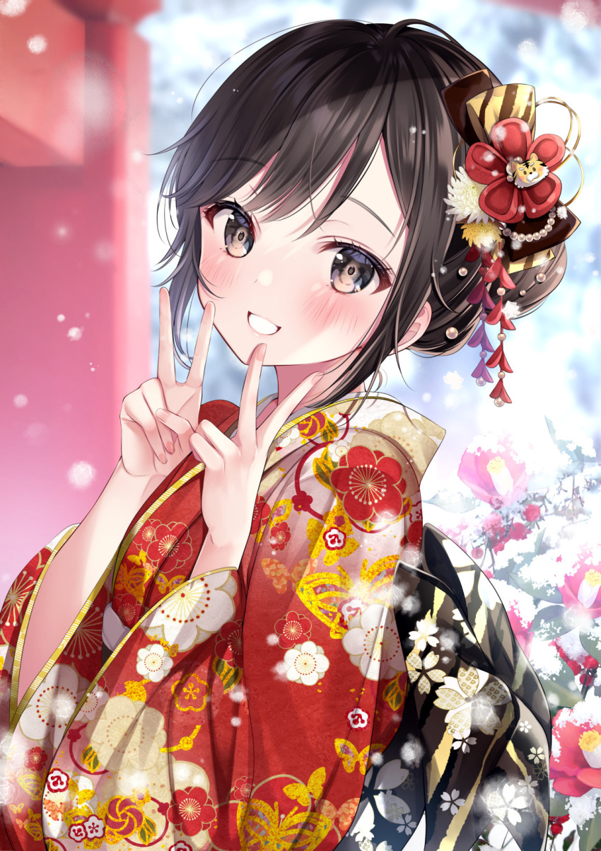 1girl black_eyes blurry blurry_background blush brown_eyes flower hair_between_eyes hair_flower hair_ornament hands_up head_tilt highres japanese_clothes kimono looking_at_viewer looking_to_the_side new_year obi original sash shrine smile snow yugirlpict