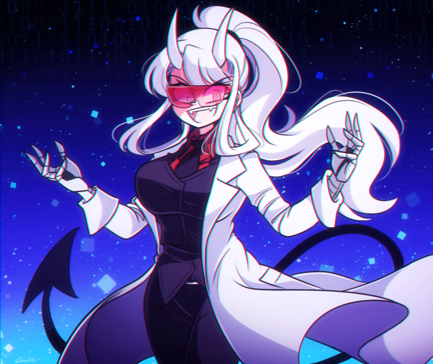 1girl black_necktie breasts chromatic_aberration collared_shirt demon_girl demon_horns demon_tail eyebrows_visible_through_hair fangs helltaker highres horns large_breasts littlecloudie long_hair long_sleeves looking_at_viewer loremaster_(helltaker) mechanical_arms necktie open_mouth ponytail red_shirt shirt smile solo tail upper_body white_hair