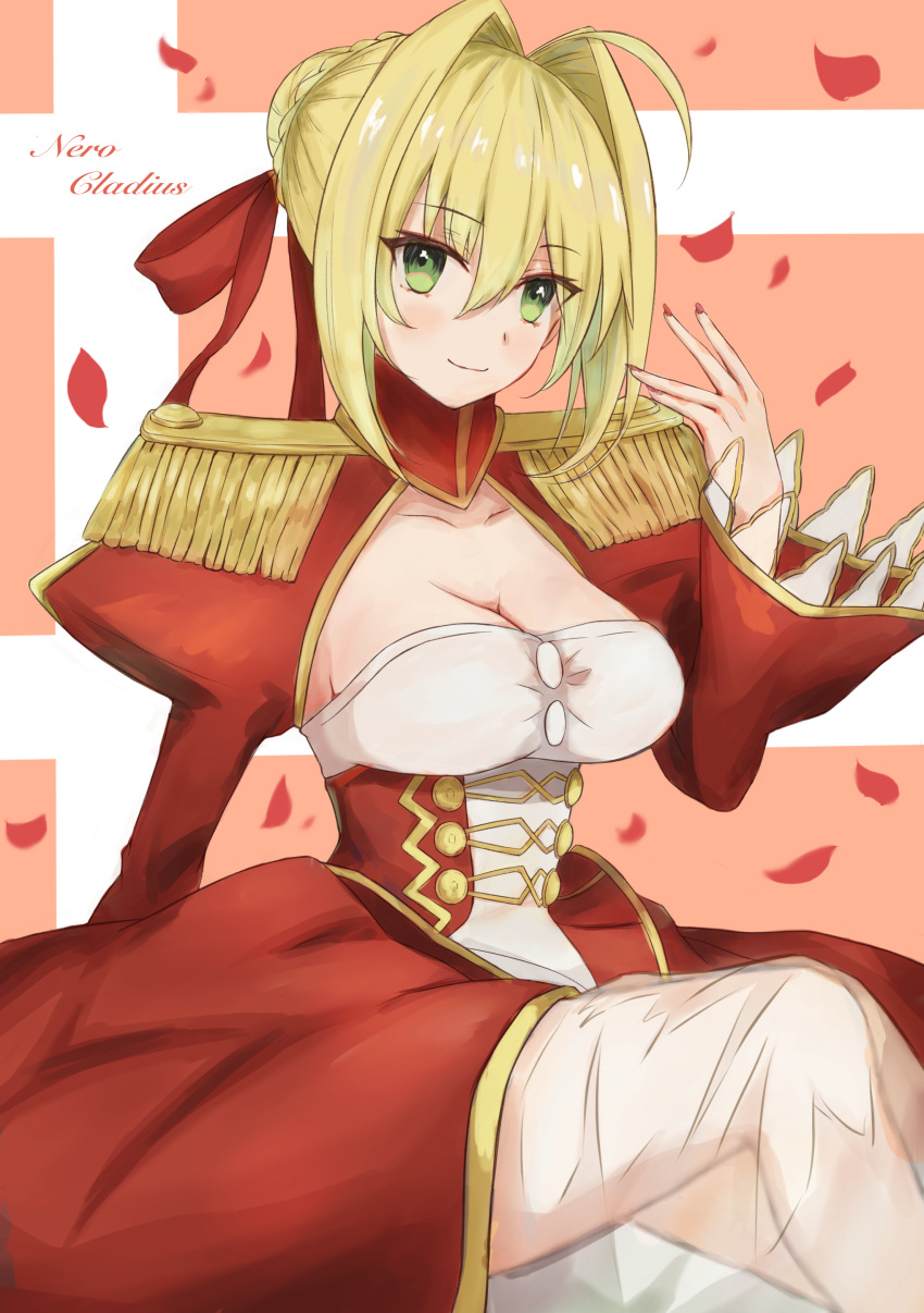 1girl ahoge blonde_hair blurry braid breasts cleavage commentary_request corset dress epaulettes fate/extra fate/grand_order fate_(series) flower french_braid green_eyes hair_flower hair_intakes hair_ornament hair_ribbon highres juliet_sleeves large_breasts long_sleeves looking_at_viewer nero_claudius_(fate) nero_claudius_(fate)_(all) ocean petals puffy_sleeves red_dress red_ribbon ribbon saber_extra see-through short_hair smile solo tick01058979 wide_sleeves