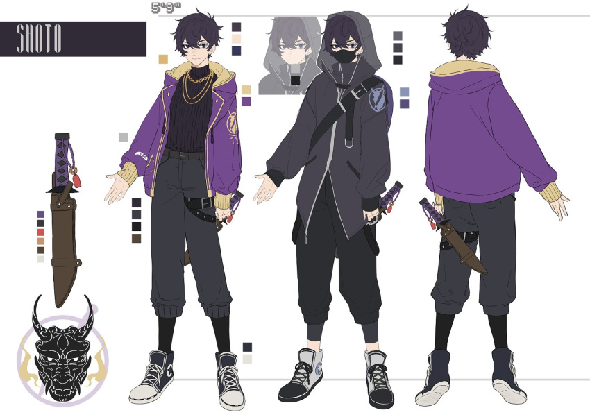 1boy artist_request belt black_eyes black_footwear black_hair black_legwear black_pants capri_pants chain character_name character_sheet commentary converse earrings english_commentary from_behind full_body gold_chain gold_necklace hood hood_up hooded_jacket indie_virtual_youtuber jacket jewelry knife looking_at_viewer mask messy_hair mouth_mask necklace oni_mask open_clothes open_jacket pants purple_jacket ribbed_sweater sheath sheathed shoes short_hair shoto_(vtuber) sleeves_past_wrists smile sneakers standing stud_earrings sweater tassel turtleneck turtleneck_sweater virtual_youtuber white_footwear