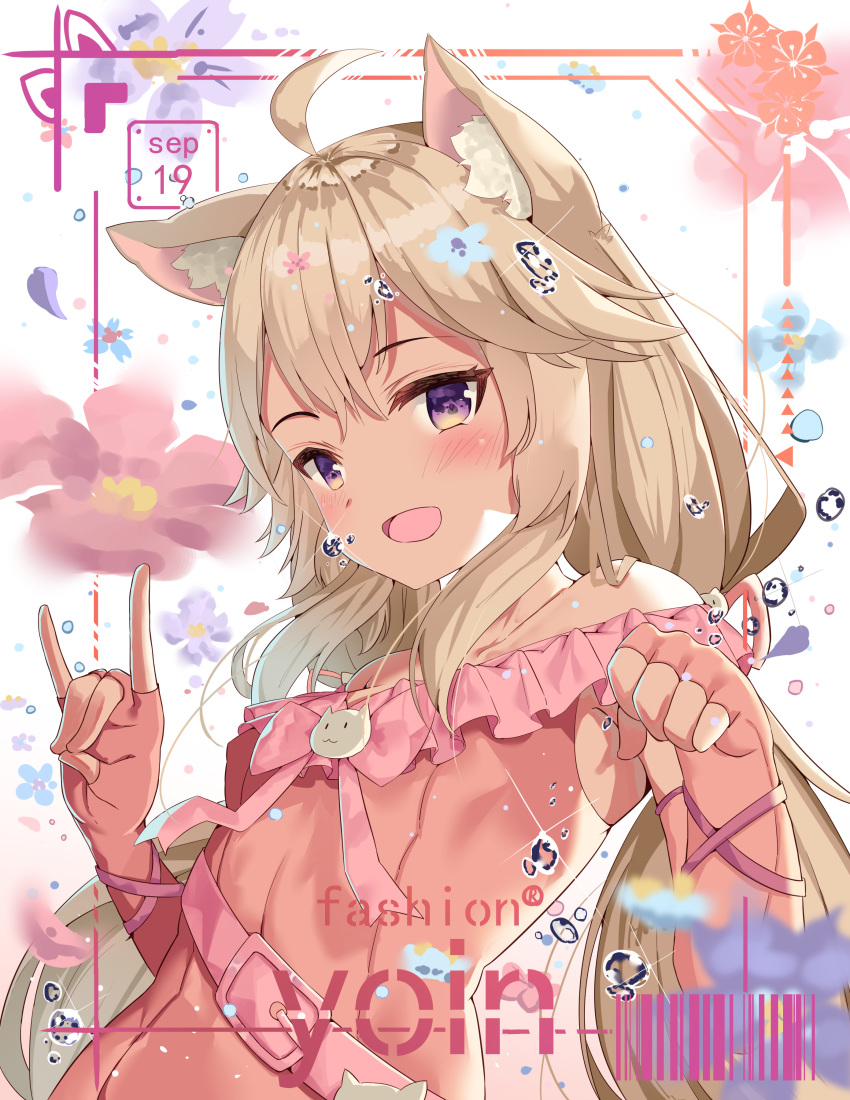 1girl :d \n/ absurdres ahoge animal_ear_fluff animal_ears bangs blush bow_dress cat_ears cat_girl cat_ornament dress elbow_gloves eyebrows_visible_through_hair fingerless_gloves frilled_dress frills gloves hair_between_eyes hair_ornament hair_over_shoulder hands_up highres light_brown_hair long_hair off_shoulder original paw_pose pink_dress pink_gloves qiuyueruona smile solo title_page twintails upper_body violet_eyes