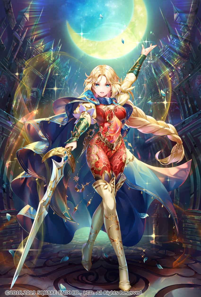 1girl bangs blonde_hair blue_cloak bodysuit boots braid breasts castle cherry_blossoms cloak crescent highres holding holding_sword holding_weapon jewelry long_hair medium_breasts moon nemusuke official_art parted_bangs protagonist_(romancing_saga_2) red_bodysuit romancing_saga_2 romancing_saga_re;universe saga square_enix sun_(ornament) sword the_final_empress thigh-highs thigh_boots thighs weapon