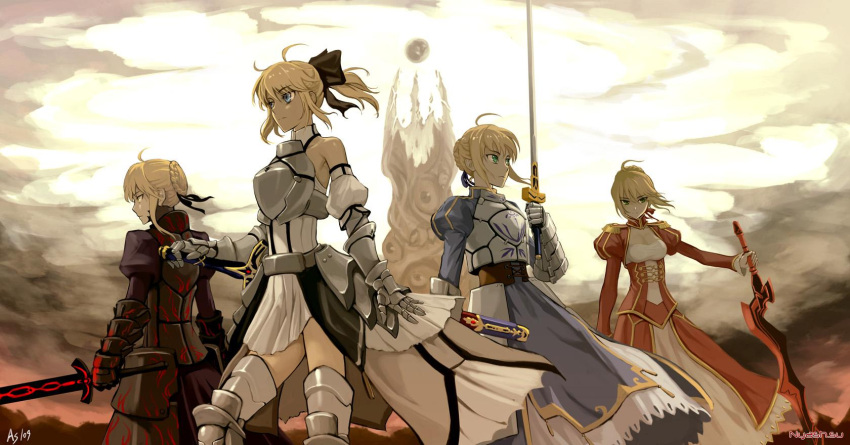 4girls aestus_estus ahoge armor armored_boots armored_dress artoria_pendragon_(all) bare_shoulders black_bow black_dress blonde_hair blue_bow blue_dress blush boots bow braid breasts brown_bow caliburn closed_mouth commentary_request dark_excalibur detached_sleeves dress excalibur facial_mark fate/extra fate/grand_order fate/stay_night fate/unlimited_codes fate_(series) gauntlets glowing glowing_sword glowing_weapon green_eyes hair_bow hair_bun hair_intakes hair_ribbon highres holding holding_sword holding_weapon juliet_sleeves knee_boots light_brown_hair long_sleeves looking_at_viewer medium_breasts multiple_girls nero_claudius_(fate) nero_claudius_(fate)_(all) parted_lips puffy_short_sleeves puffy_sleeves red_dress red_ribbon ribbon saber saber_alter saber_lily short_sleeves sidelocks sleeveless sleeveless_dress sleeves_past_wrists small_breasts smile sword weapon white_dress white_sleeves wide_sleeves