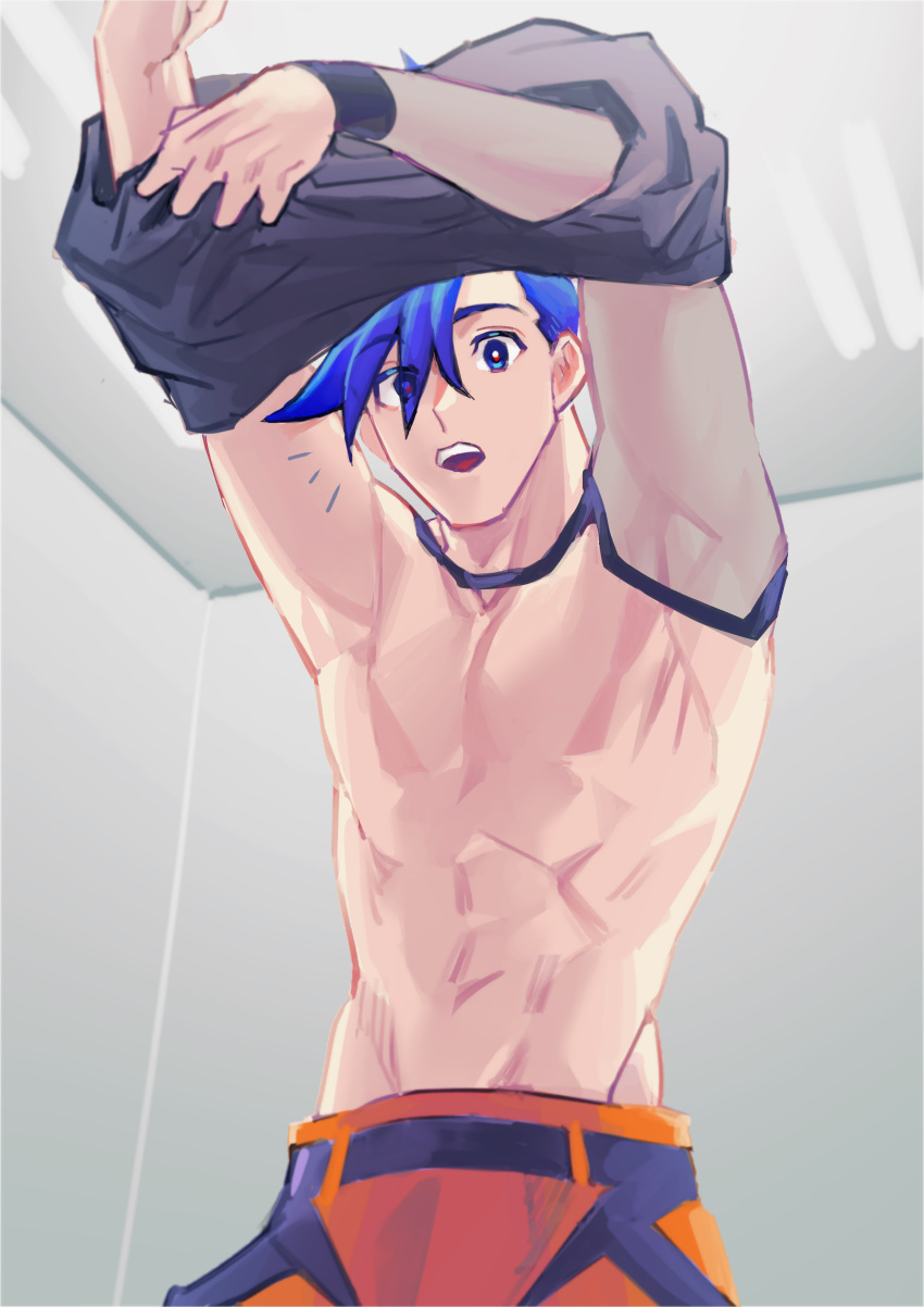 1boy abs absurdres arms_up blue_hair clothes_lift detached_sleeves firefighter galo_thymos groin highres male_focus mogloh1310 no_nipples pectorals puffy_pants shirt_lift single_detached_sleeve solo spiky_hair topless_male undressing wristband