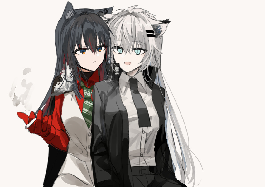 2girls :d animal_ear_fluff animal_ears arknights bangs between_fingers black_cape black_hair black_jacket black_pants blue_eyes cape chihuri cigarette closed_mouth collared_shirt dress_shirt ear_piercing eyebrows_visible_through_hair fur-trimmed_cape fur_trim gloves grey_background grey_hair hair_between_eyes hair_ornament hairclip highres holding holding_cigarette jacket lappland_(arknights) long_hair multicolored_hair multiple_girls open_clothes open_jacket pants piercing red_gloves red_shirt redhead scar scar_across_eye shirt simple_background smile smoke streaked_hair texas_(arknights) very_long_hair vest white_shirt white_vest yuri