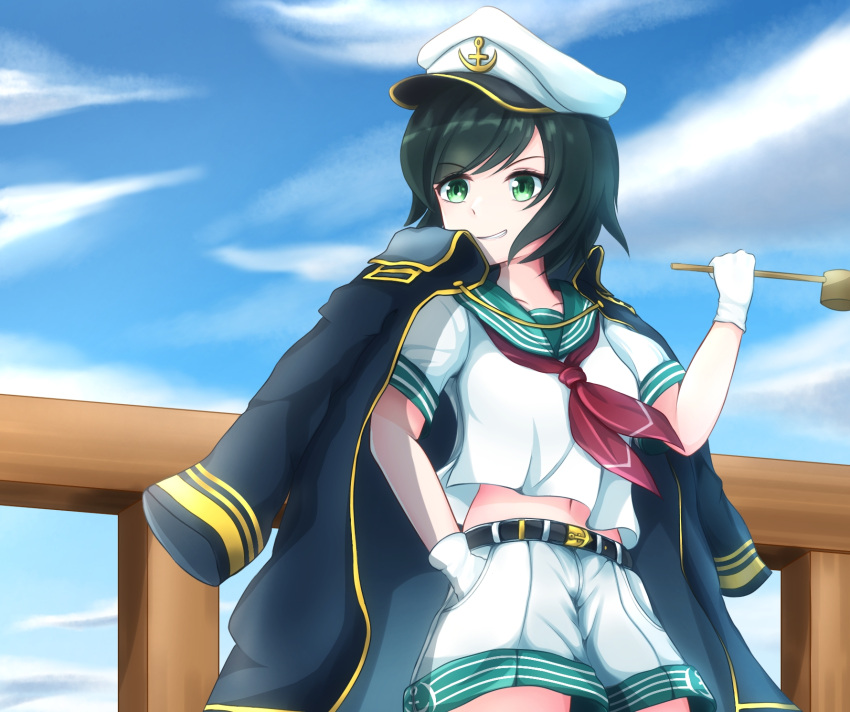 1girl anchor_symbol belt black_belt black_hair black_jacket breasts collarbone cowboy_shot eyebrows_visible_through_hair gloves green_eyes green_sailor_collar grin hand_in_pocket hat hatoman_(ytef4434) highres hishaku jacket long_sleeves midriff murasa_minamitsu navel neckerchief pocket red_neckerchief sailor sailor_collar sailor_hat sailor_shirt shirt short_hair short_sleeves shorts small_breasts smile stomach touhou touhou_gouyoku_ibun white_gloves white_headwear white_shirt white_shorts