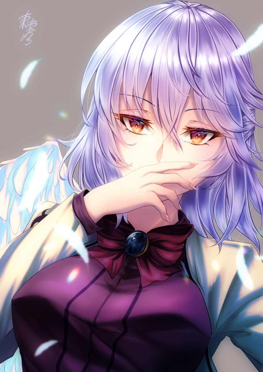 1girl bangs bow bowtie breasts collared_dress covering_mouth dress eyebrows_visible_through_hair eyes_visible_through_hair feathers fingernails gem gradient gradient_hair grey_background hair_between_eyes hand_up highres jacket jewelry kishin_sagume large_breasts long_fingernails long_sleeves looking_away mononobe_kanako multicolored_hair open_clothes open_jacket orange_eyes pink_bow pink_bowtie purple_dress purple_hair short_hair silver_hair simple_background single_wing solo touhou wings yellow_jacket