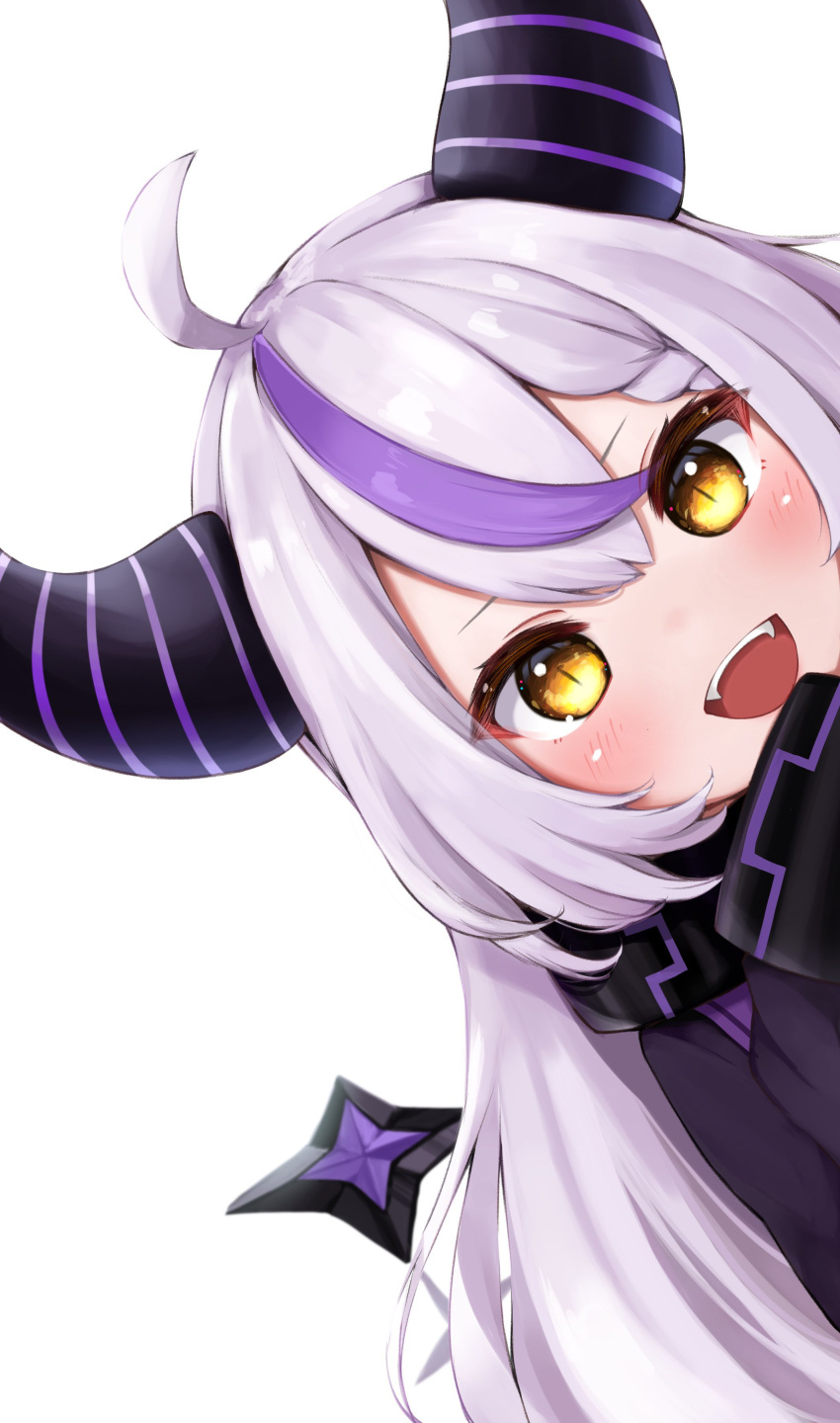1girl :d absurdres ahoge bangs blush collar commentary_request demon_horns highres hololive horns kohe_billialot la+_darknesss long_hair long_sleeves looking_at_viewer metal_collar multicolored_hair purple_hair silver_hair simple_background slit_pupils smile solo streaked_hair teeth upper_teeth virtual_youtuber white_background yellow_eyes