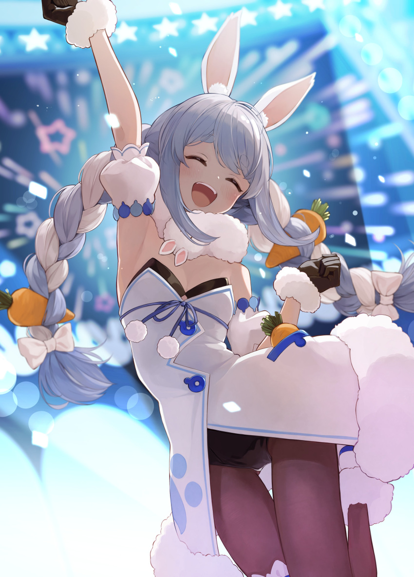 1girl :d absurdres animal_ears arm_up armpits blurry blurry_background bow braid braided_ponytail carrot carrot_hair_ornament food-themed_hair_ornament hair_bow hair_ornament highres hololive jumping lens_flare open_mouth pinkusan rabbit_ears rabbit_girl scarf smile star_(symbol) thigh_gap thighs twin_braids twintails usada_pekora virtual_youtuber