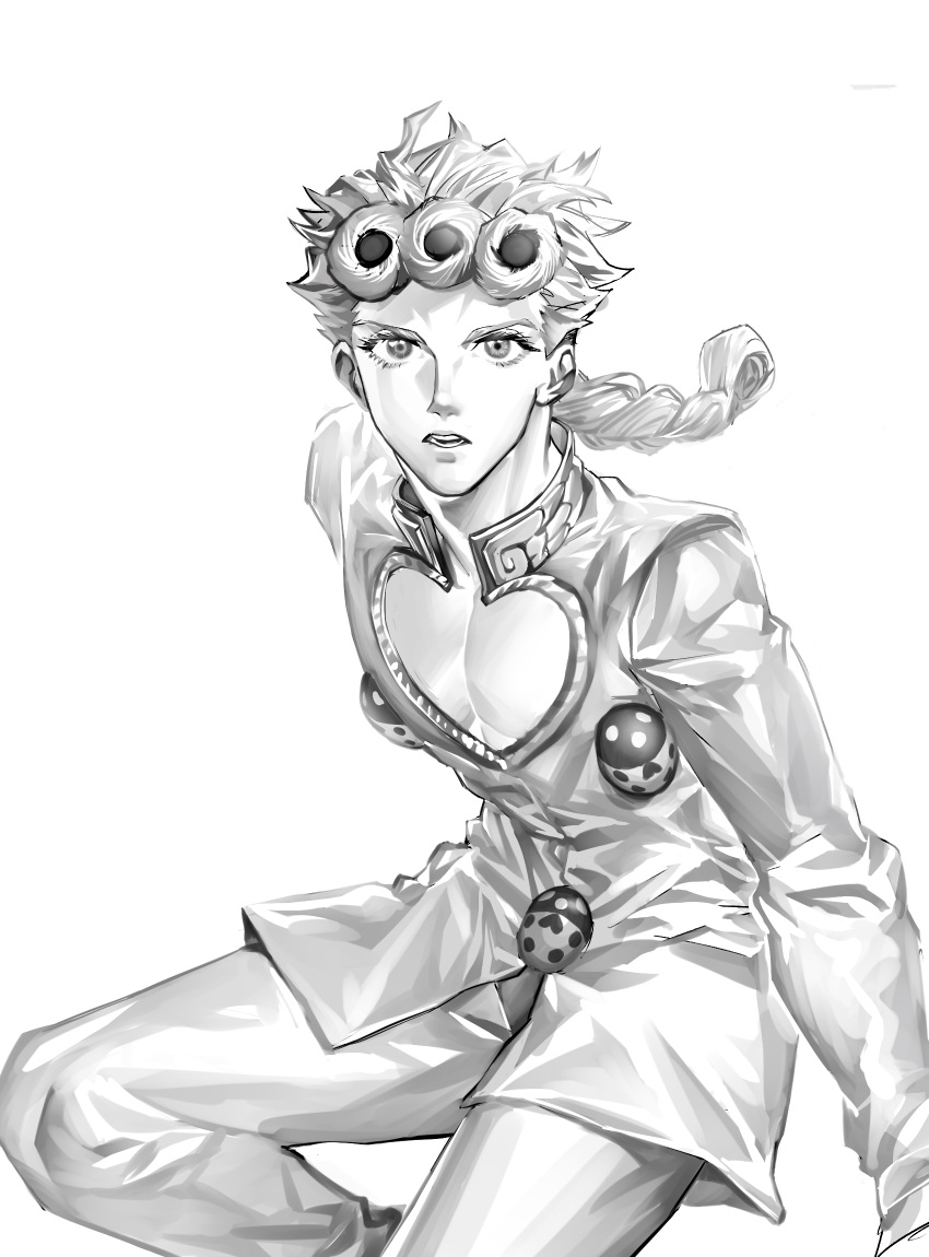 1boy braid bug cleavage_cutout clothing_cutout giorno_giovanna greyscale highres jojo_no_kimyou_na_bouken ladybug looking_at_viewer male_focus mogloh1310 monochrome pectoral_cleavage pectorals solo vento_aureo