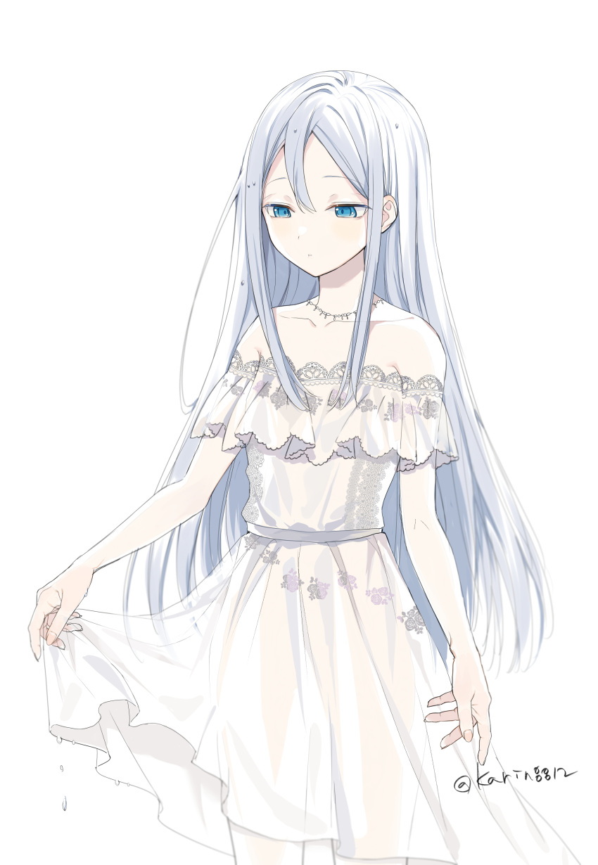 1girl absurdres bangs blue_eyes clothes_lift collarbone dress dress_lift expressionless flat_chest hair_behind_ear hair_between_eyes highres jewelry long_hair looking_down necklace off-shoulder_dress off_shoulder project_sekai sohu solo twitter_username very_long_hair white_background yoisaki_kanade