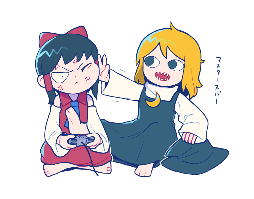 &lt;o&gt;_&lt;o&gt; 2girls anger_vein ascot bangs black_dress black_eyes black_hair black_headwear blonde_hair blue_ascot bow cheek_squash closed_mouth collared_shirt commentary controller cookie_(touhou) crescent crescent_pin detached_sleeves dot_pupils dress frown full_body game_controller gogogo_(cookie) hair_bow hair_tubes hakurei_reimu hat hat_removed headwear_removed highres hita_(hizokuseikogeki) holding holding_controller holding_game_controller kirisame_marisa long_sleeves looking_at_another multiple_girls one_eye_closed open_mouth pinafore_dress playstation_controller red_bow red_shirt red_skirt sharp_teeth shirt short_hair simple_background skirt skirt_set sleeveless sleeveless_shirt teeth togashi_(cookie) touhou translation_request transparent_background white_sleeves witch_hat