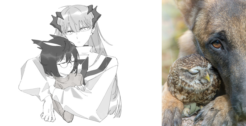 2girls absurdres arknights bird closed_eyes closed_mouth commentary dog earclip feather_hair glasses greyscale highres hug hug_from_behind long_hair long_sleeves looking_at_viewer monochrome multiple_girls owl owl_ears reference_inset reference_photo saria_(arknights) shirt short_hair silence_(arknights) sweater symbol-only_commentary turtleneck turtleneck_sweater zy