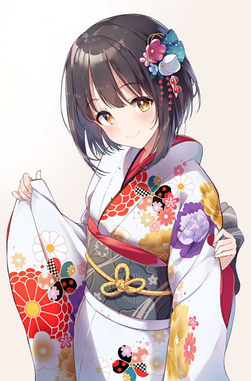 1girl black_hair blush bob_cut commentary different eyebrows_visible_through_hair floral_print flower furisode hair_flower hair_ornament head_tilt highres idolmaster idolmaster_cinderella_girls japanese_clothes kimono looking_at_viewer obi pinching_sleeves print_kimono sash simple_background smile solo symbol-only_commentary takafuji_kako upper_body white_background white_kimono yellow_eyes