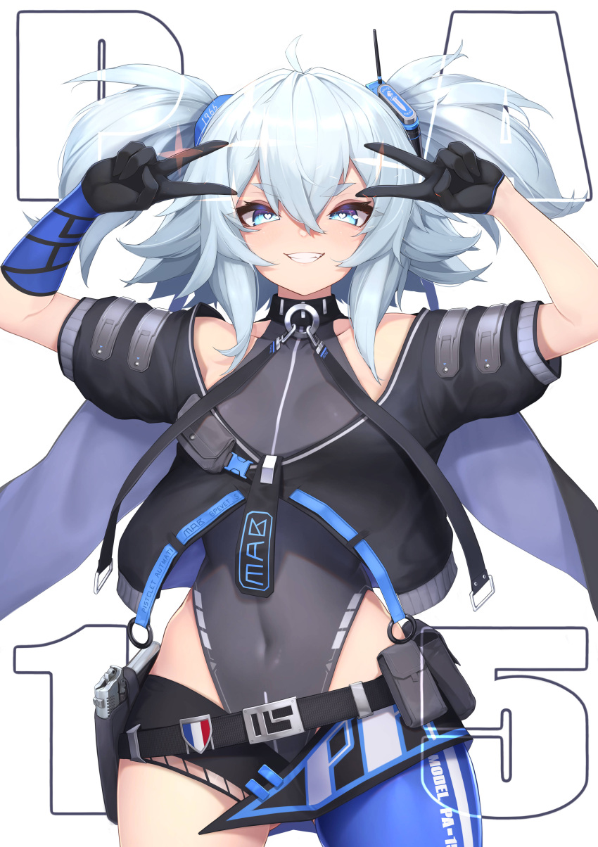 1girl absurdres asymmetrical_legwear black_gloves black_leotard blue_eyes blue_legwear breasts covered_navel cowboy_shot cropped_jacket double_v girls_frontline gloves gun handgun heart heart-shaped_pupils highleg highleg_leotard highres holster holstered_weapon leotard light_blue_hair mari0ball pa-15_(girls'_frontline) pistol short_sleeves single_leg_pantyhose small_breasts solo standing symbol-shaped_pupils twintails v weapon