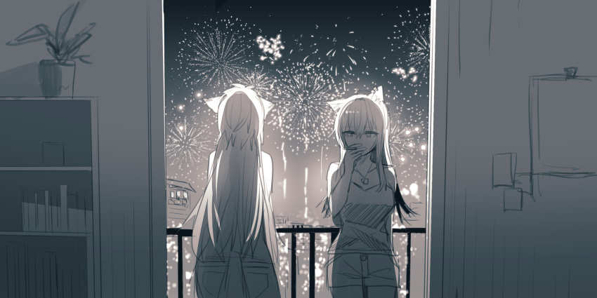 2girls absurdres aerial_fireworks animal_ear_fluff animal_ears arknights bangs bare_arms bare_shoulders camisole chihuri cigarette collarbone ear_piercing eyebrows_visible_through_hair facing_away fireworks greyscale hair_between_eyes hand_up highres holding holding_cigarette indoors lappland_(arknights) long_hair monochrome multiple_girls night piercing railing short_shorts shorts sketch tail texas_(arknights) very_long_hair