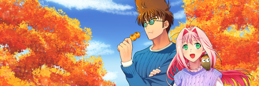 1boy 1girl :d :t animal_on_shoulder arm_grab autumn_leaves blue-tinted_eyewear blue_sky blue_sweater brown_hair clouds dango eating floating_hair food green_eyes guvava hair_intakes holding holding_food kutsuno long_hair looking_over_eyewear macross macross_7 mylene_jenius nekki_basara outdoors pink_hair purple_sweater ribbed_sweater round_eyewear sky sleeveless sleeveless_sweater smile straight_hair sunglasses sweater tinted_eyewear upper_body very_long_hair wagashi yellow_eyes