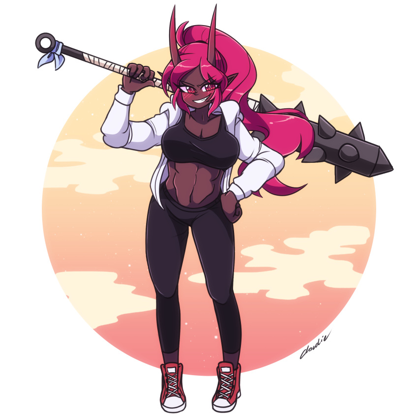 1girl abs black_bra black_pants black_sports_bra blush bra dark-skinned_female dark_skin eyebrows_visible_through_hair full_body grin highres hood hoodie horns littlecloudie long_hair looking_at_viewer muscular muscular_female oni oni_horns original pants parted_lips pink_eyes pink_hair pointy_ears ponytail red_footwear shoes smile sneakers solo sports_bra teeth underwear white_hoodie