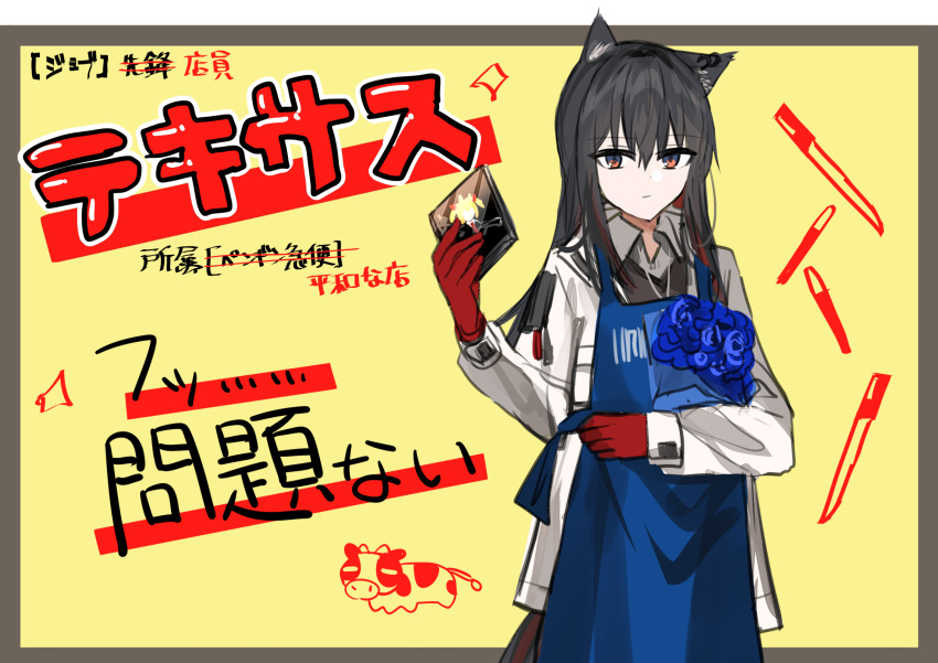 1girl animal_ear_fluff animal_ears apron arknights bangs black_hair blue_apron blue_flower bouquet cd_case chihuri closed_mouth collared_shirt ear_piercing eyebrows_visible_through_hair flower gloves grey_background grey_shirt hair_between_eyes hand_up highres holding jacket long_hair long_sleeves looking_at_viewer multicolored_hair open_clothes open_jacket piercing red_eyes red_gloves redhead shirt solo sora_(arknights) streaked_hair sweater_vest tail texas_(arknights) translation_request two-tone_background white_jacket yellow_background
