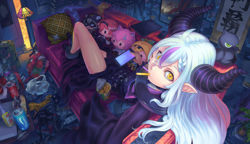 1girl ahoge bag bangs bird braid butt_crack can cellphone character_doll collar commentary_request couch crow_(la+_darknesss) demon_horns door dress eating food_in_mouth from_above full_body hair_between_eyes hakui_koyori highres holding holding_phone hololive holox horns indoors kazama_iroha la+_darknesss long_hair long_sleeves looking_at_viewer looking_up lying masayuki_kondo messy_room metal_collar multicolored_hair on_back on_couch phone pillow plant potted_plant purple_dress purple_hair sakamata_chloe silver_hair smartphone solo streaked_hair tablet_pc takane_lui virtual_youtuber yellow_eyes