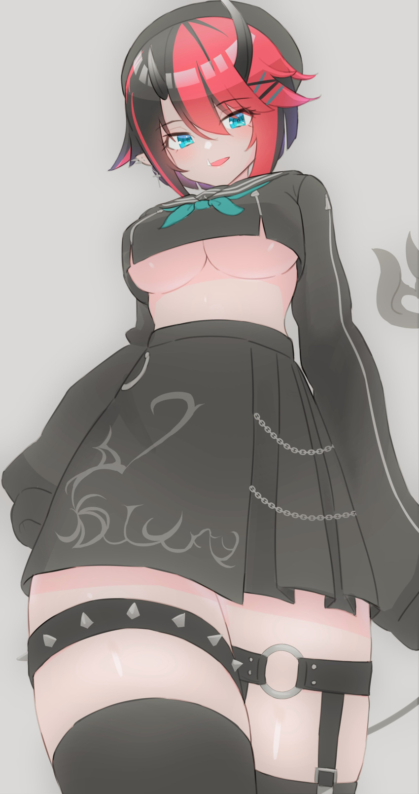 1girl absurdres bangs beret black_hair black_headwear black_legwear black_serafuku black_skirt blue_eyes blush breasts chain commentary cowboy_shot crop_top demon_girl demon_horns demon_tail eyebrows_visible_through_hair grey_background hat highres horns large_breasts long_sleeves looking_at_viewer mint_november11 multicolored_hair official_alternate_costume open_mouth pleated_skirt pointy_ears red_eyes redhead ryugasaki_rene school_uniform serafuku short_hair simple_background skirt solo spiked_thighlet sugar_lyric tail thigh-highs two-tone_hair under_boob virtual_youtuber