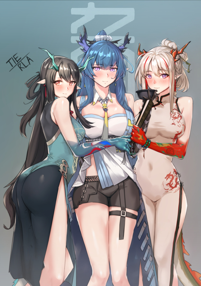 absurdres aqua_dress arknights artist_name bead_bracelet beads black_gloves black_hair black_shorts blue_hair blue_horns blush bracelet breasts china_dress chinese_clothes closed_mouth coat colored_skin commentary_request cup dragon_girl dragon_horns dragon_tail dress dusk_(arknights) dusk_(everything_is_a_miracle)_(arknights) earrings eyebrows_visible_through_hair fiery_tail gloves gradient gradient_background gradient_skin green_horns green_skin highres holding holding_cup horns jewelry ling_(arknights) long_hair multicolored_hair necktie nian_(arknights) nian_(unfettered_freedom)_(arknights) open_clothes open_coat pointy_ears red_eyes red_horns red_skin shorts siblings sleeveless sleeveless_dress streaked_hair tail tassel tassel_earrings tierla very_long_hair violet_eyes white_dress white_hair yellow_necktie