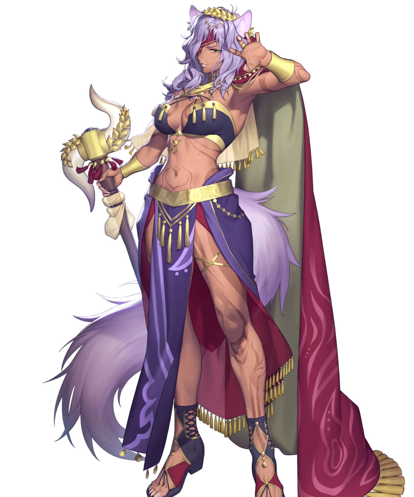 1girl animal_ears azusa_(hws) bangs bracelet breasts cane cape dark-skinned_female dark_skin eyepatch fingernails fire_emblem fire_emblem:_radiant_dawn fire_emblem_heroes gold_trim green_eyes hand_up highres jewelry long_hair medium_breasts midriff nailah_(fire_emblem) navel non-web_source official_art solo tail tattoo toeless_footwear toes violet_eyes white_background wolf_ears wolf_tail