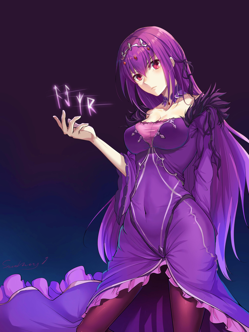 1girl absurdres breasts crossed_arms dress fate/grand_order fate_(series) fur_trim highres jewelry kaersasisama large_breasts long_hair pendant purple_hair red_eyes scathach_(fate)_(all) scathach_skadi_(fate/grand_order) tiara wand