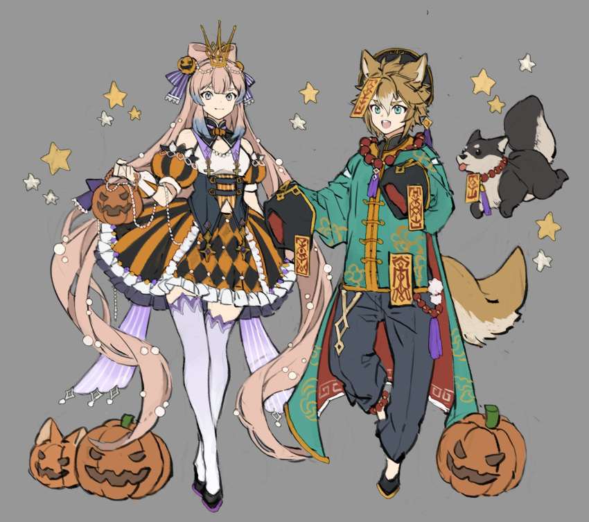 1boy 1girl alternate_costume animal_ears bead_necklace beads blue_eyes blue_hair brown_hair chinese_clothes closed_mouth crossed_legs crown dress frilled_dress frills genshin_impact gorou_(genshin_impact) grey_background hair_ribbon halloween halloween_bucket halloween_costume highres holding jack-o'-lantern jewelry long_hair long_sleeves multicolored_hair necklace ofuda open_mouth papajay_(jennygin2) purple_legwear ribbon sangonomiya_kokomi simple_background sleeves_past_fingers sleeves_past_wrists star_(symbol) symbol-only_commentary tail thigh-highs very_long_hair violet_eyes watson_cross white_hair