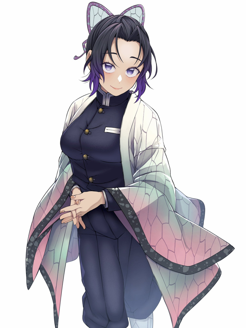 1girl animal_print bangs black_hair black_jacket black_pants blush breasts butterfly_hair_ornament butterfly_print buttons closed_mouth commentary eyebrows_visible_through_hair eyelashes feet_out_of_frame gakuran gradient_hair hair_ornament half_updo haori highres jacket japanese_clothes kimetsu_no_yaiba kobaji kochou_shinobu lips long_sleeves looking_at_viewer medium_breasts multicolored_hair own_hands_clasped own_hands_together pants parted_bangs purple_hair school_uniform short_hair simple_background smile solo two-tone_hair violet_eyes white_background