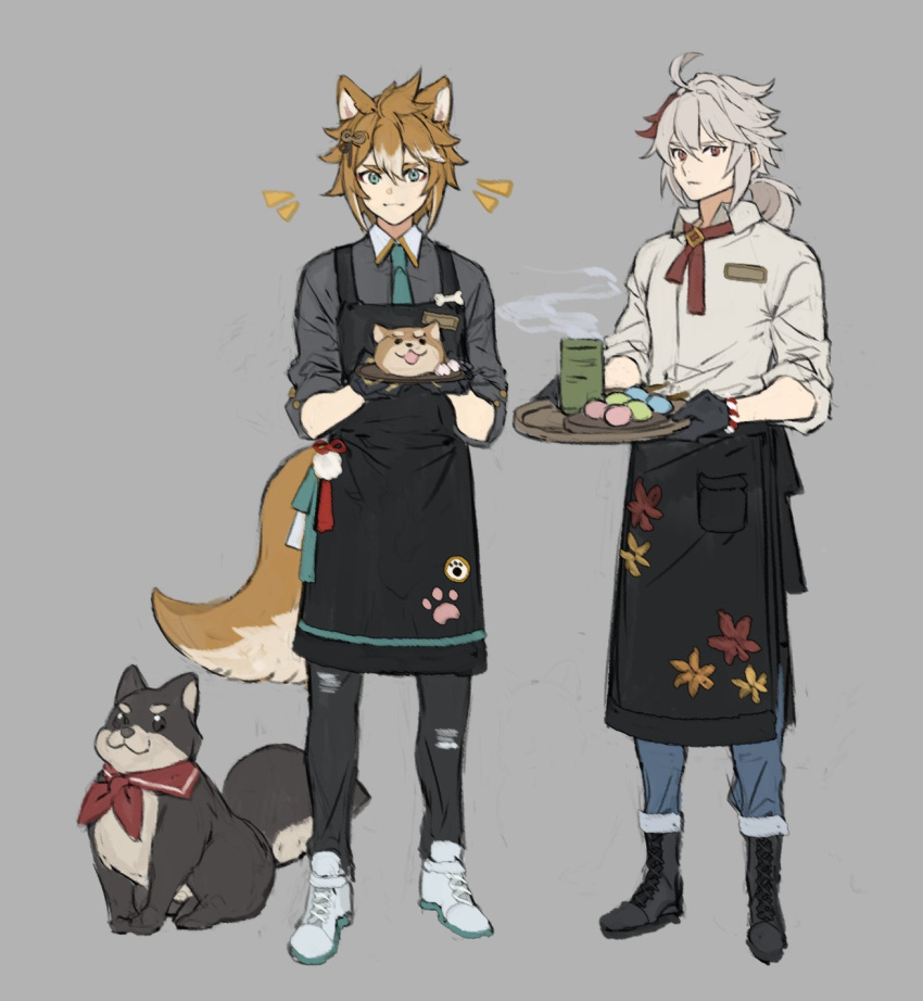 2boys alternate_costume animal animal_ears apron black_apron black_gloves blue_eyes boots brown_hair cup dog dog_boy dog_ears dog_tail food full_body genshin_impact gloves gorou_(genshin_impact) grey_background grey_hair grey_shirt hair_between_eyes hair_ornament highres holding holding_tray kaedehara_kazuha leaf_print male_focus multicolored_hair multiple_boys necktie pants papajay_(jennygin2) paw_print ponytail red_eyes redhead shirt shoes simple_background sneakers standing steam streaked_hair symbol-only_commentary tail tray waist_apron waiter white_hair white_shirt yunomi