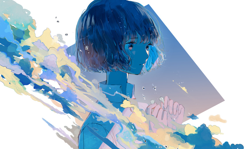 1girl absurdres blue_background blue_theme bob_cut closed_mouth clouds collared_shirt commentary earphones earphones eyebrows_visible_through_hair hagimorijia hands_up highres original shirt short_hair solo surreal symbol-only_commentary upper_body white_background