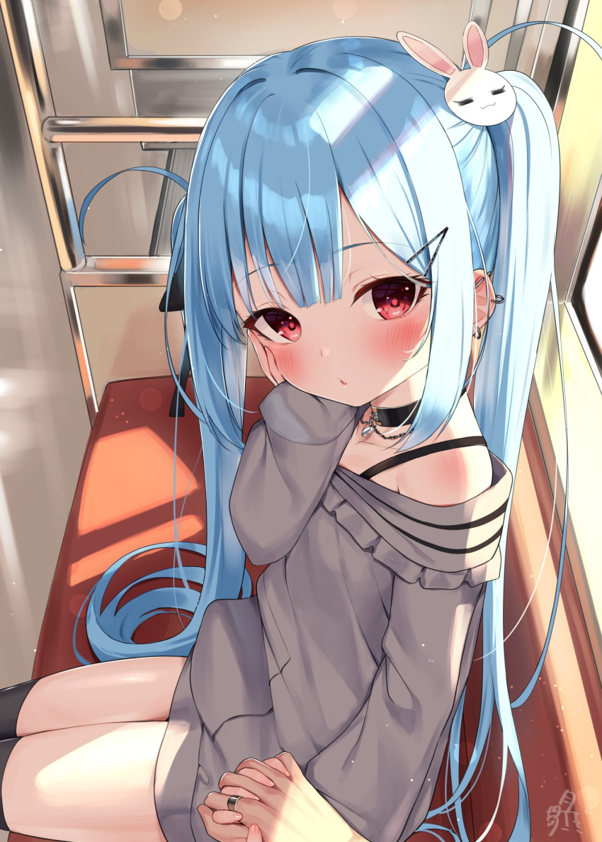 1girl bangs black_legwear blue_hair blush bunny_hair_ornament commentary_request ear_piercing eyebrows_visible_through_hair grey_shirt hair_ornament hairclip hand_up highres holding_hands interlocked_fingers long_hair long_sleeves looking_at_viewer off_shoulder original parted_lips piercing red_eyes shirt signature sitting sleeves_past_wrists solo_focus thigh-highs train_interior tsukiman twintails very_long_hair