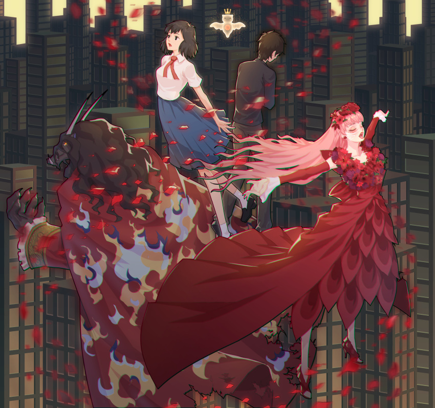 1boy 2girls absurdres belle_(ryuu_to_sobakasu_no_hime) black_hair building cyd_chen dress flower high_heels highres kei_(ryuu_to_sobakasu_no_hime) monster multiple_girls naitou_suzu petals pink_hair red_dress red_flower ryuu_(ryuu_to_sobakasu_no_hime) ryuu_to_sobakasu_no_hime sea_angel skirt spoilers tenshi_(ryuu_to_sobakasu_no_hime)