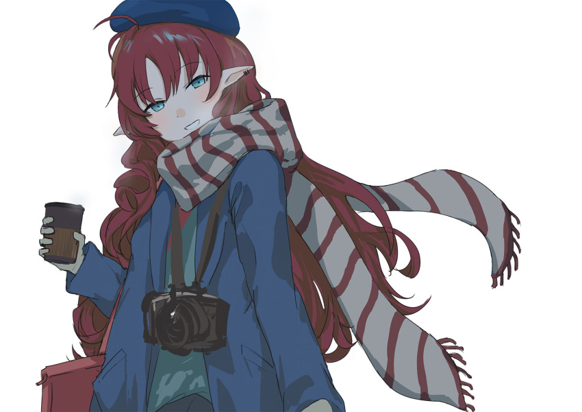 1girl ahoge arknights beret blue_eyes blue_headwear blue_jacket blue_shirt blush camera_around_neck commentary_request cup ear_piercing fringe_trim gloves grey_gloves grey_scarf hat head_tilt highres holding holding_cup jacket long_hair long_sleeves looking_at_viewer myrtle_(arknights) open_clothes open_jacket orlijiang piercing pointy_ears redhead scarf shirt smile solo striped striped_scarf very_long_hair