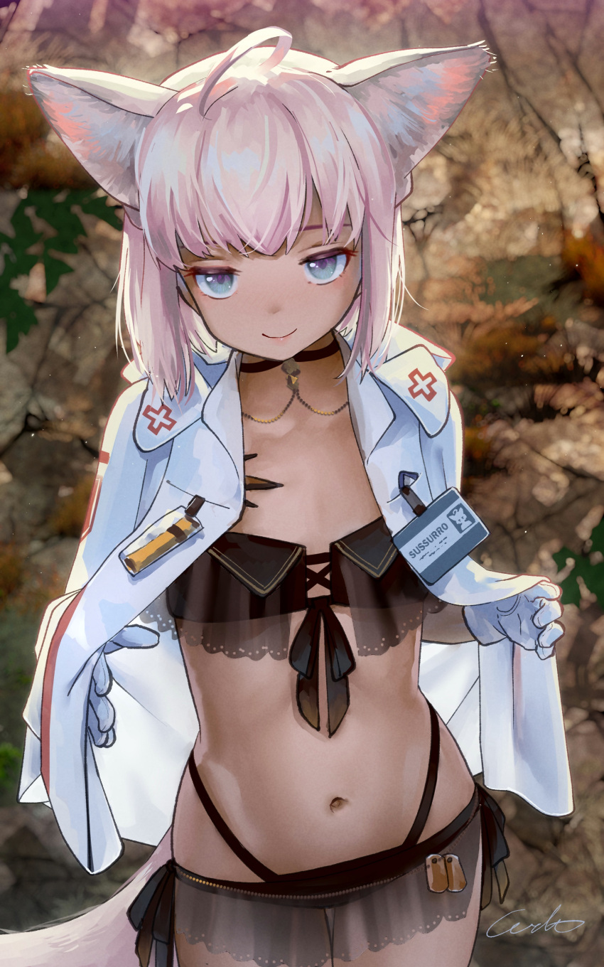 1girl absurdres ahoge animal_ear_fluff animal_ears arknights bangs bikini black_bikini blue_eyes breasts character_name closed_eyes collarbone cowboy_shot eyebrows_visible_through_hair flat_chest fox_ears fox_girl fox_tail from_above gloves highres id_card jacket jacket_on_shoulders looking_at_viewer looking_up navel open_clothes open_jacket oripathy_lesion_(arknights) outdoors pink_hair see-through short_hair signature small_breasts solo stomach sussurro_(arknights) swimsuit tail thigh_gap welt_(kinsei_koutenkyoku) white_gloves white_jacket