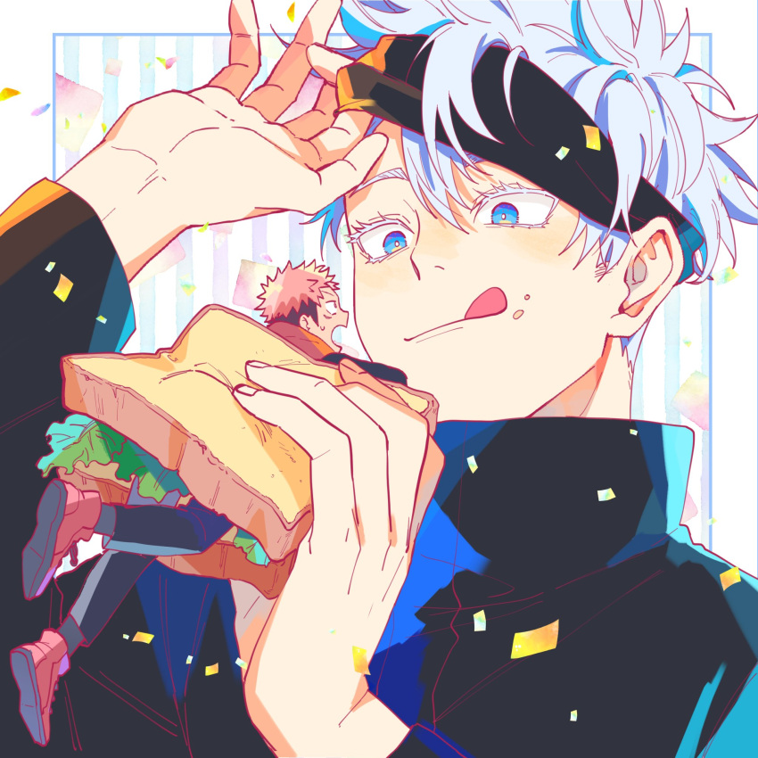 2boys black_blindfold black_jacket blindfold blindfold_lift blue_eyes brown_eyes chibi facial_mark food food_on_face gojou_satoru high_collar highres holding holding_food itadori_yuuji jacket jujutsu_kaisen licking_lips lifted_by_self looking_at_another male_focus mawaru_(ajan) multiple_boys open_mouth pink_hair sandwich shirt short_hair tongue tongue_out undercut white_hair