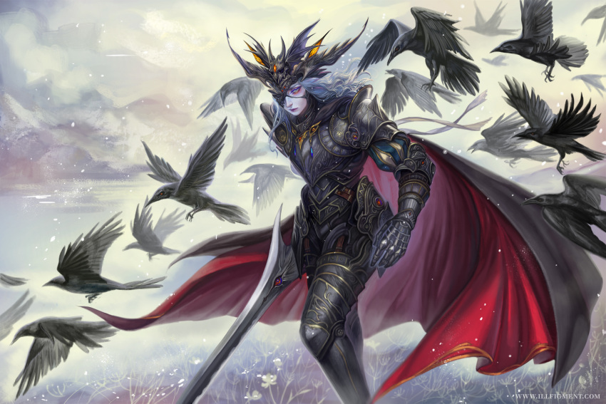 1girl animal armor artist_name bird black_armor black_cape blue_eyes blue_eyeshadow breastplate cape clouds crow eyeshadow fantasy flower flying fog gauntlets greaves grey_hair half_mask helmet highres holding holding_sword holding_weapon light_blue_eyes light_particles living_weapon looking_at_viewer makeup mask mountain multicolored_cape multicolored_clothes multicolored_hair orange_eyeshadow original outdoors pale_skin parted_lips pauldrons purple_hair purple_lips red_cape red_eyes red_pupils shoulder_armor striped sword vambraces vusc water weapon