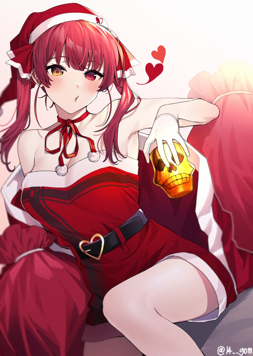 14_(vision5032) 1girl bangs belt bow breasts choker christmas cup gloves hair_ribbon half_gloves hat heart heart_belt heterochromia highres holding holding_cup hololive houshou_marine knee_up large_breasts o3o pillow pom_pom_(clothes) red_choker red_eyes redhead ribbon ribbon_choker santa_costume santa_hat sitting skull skull_cup solo thighs twintails virtual_youtuber whistling yellow_eyes